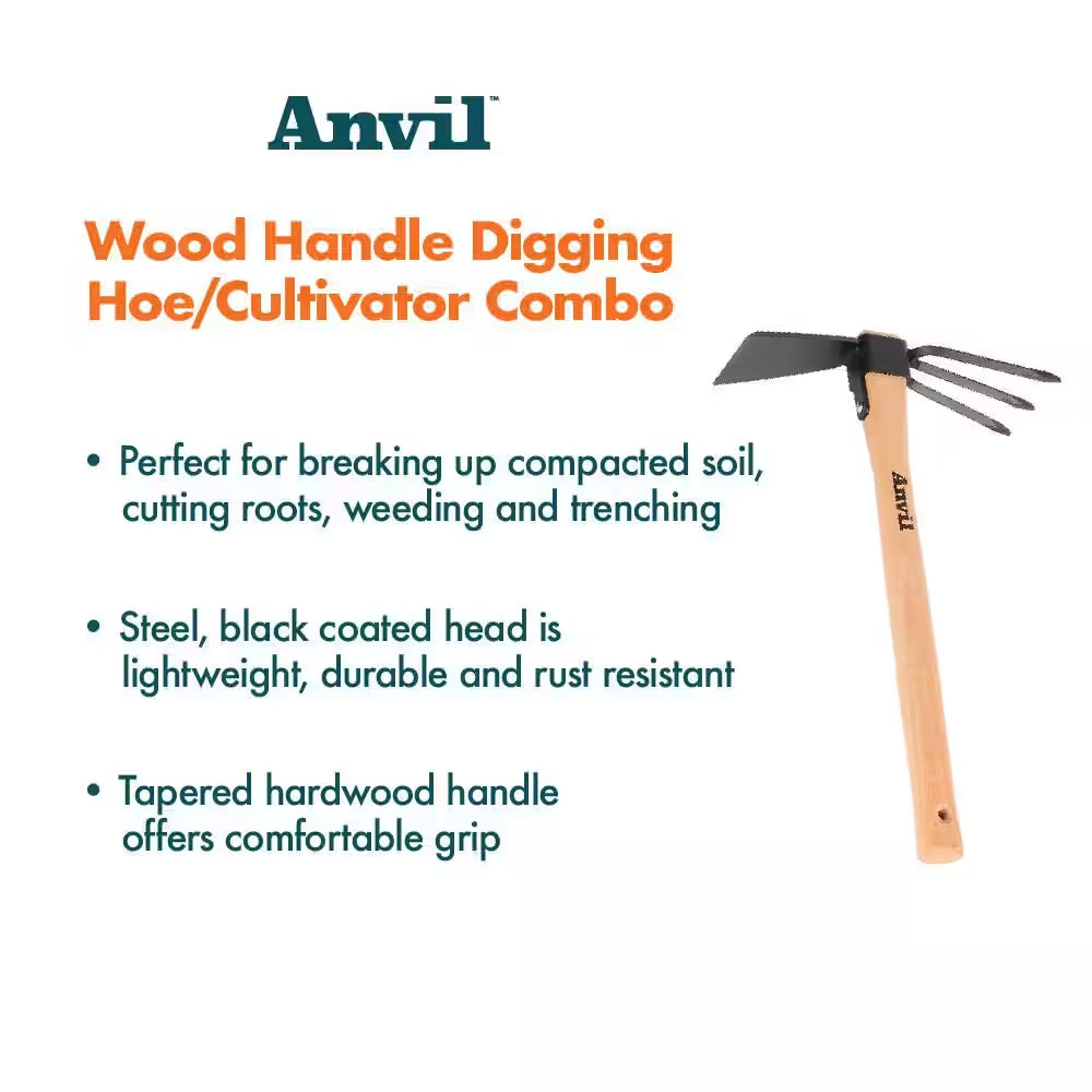 14-2/5 In. Wood Handle Digging Hoe/Cultivator Combo