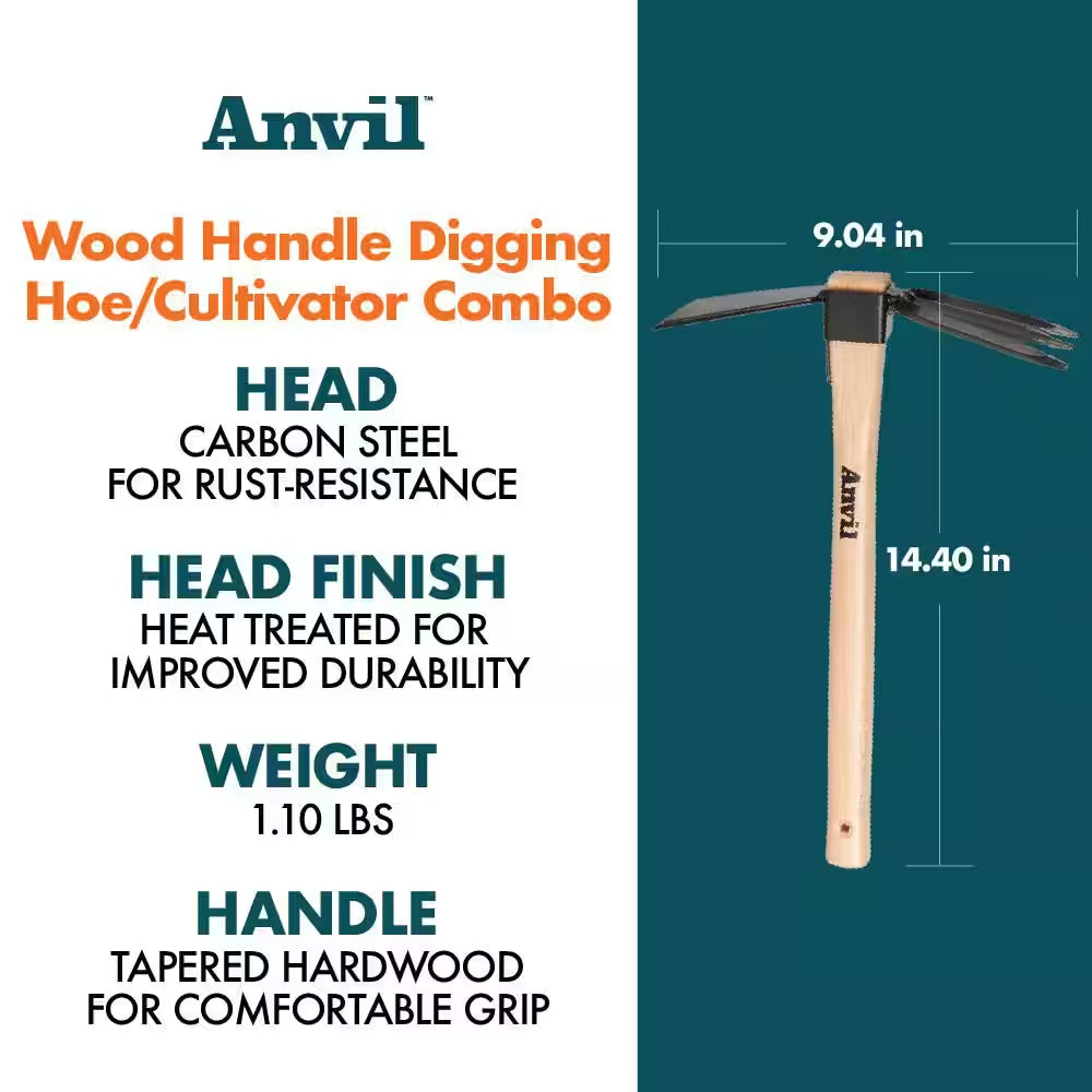 14-2/5 In. Wood Handle Digging Hoe/Cultivator Combo