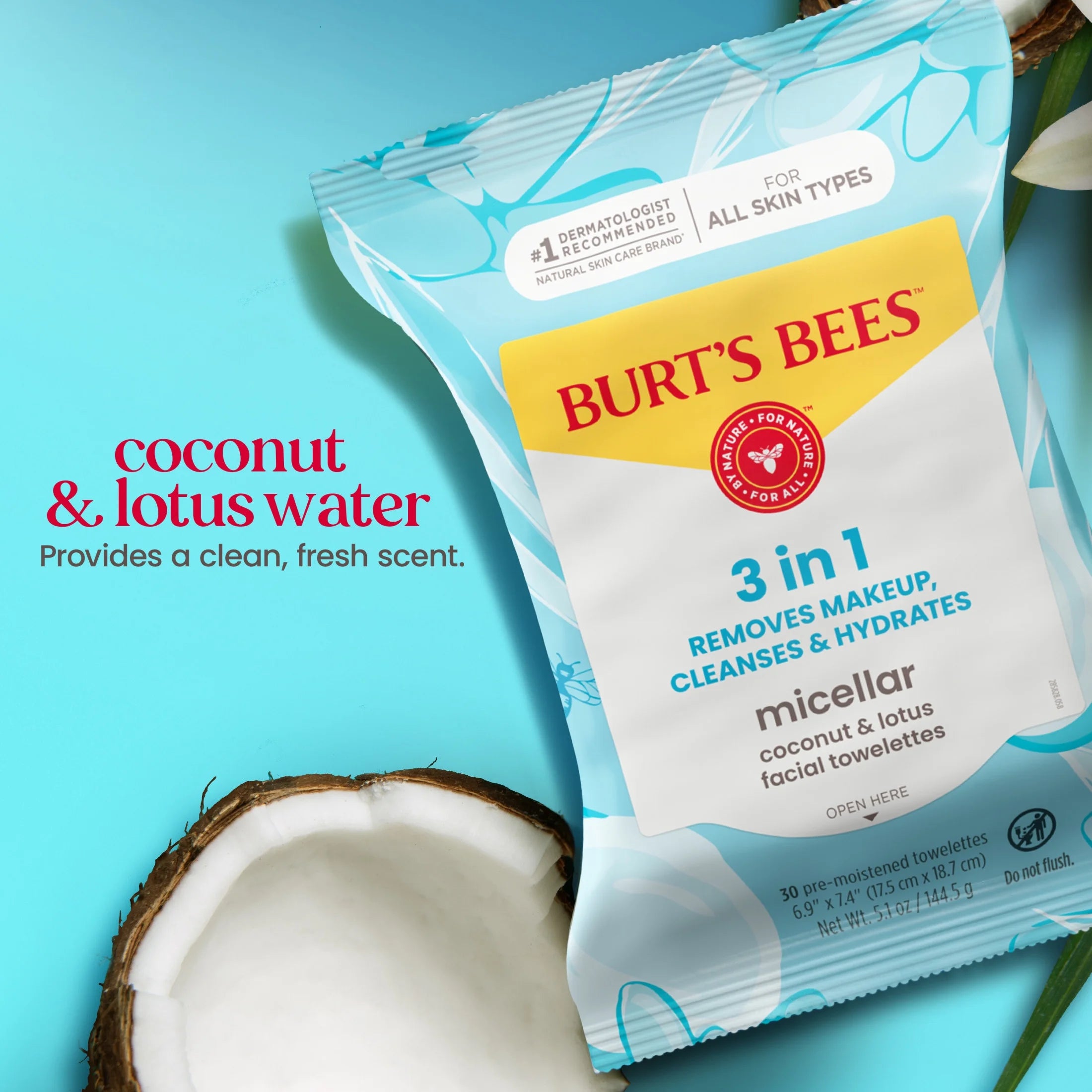 (3 Pack)  Micellar Coconut and Lotus Facial Towelettes, 30 Count